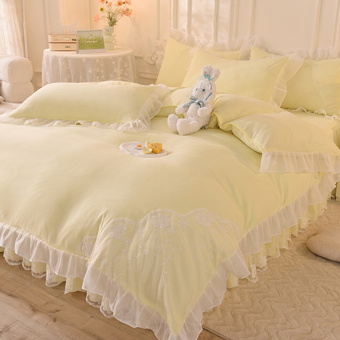 91家纺网 家纺一手货源 找家纺 后庭寝室 2025新款亲肤雪纺花边刺绣蕾丝公主四件套-花香系列 花香-浅果绿