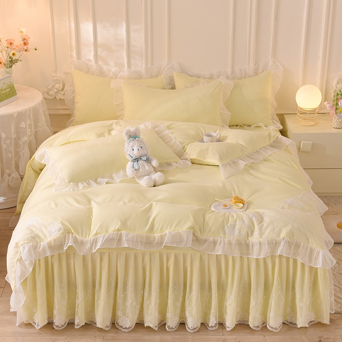 91家纺网 家纺一手货源 找家纺 后庭寝室 2025新款亲肤雪纺花边刺绣蕾丝公主四件套-花香系列 花香-浅果绿