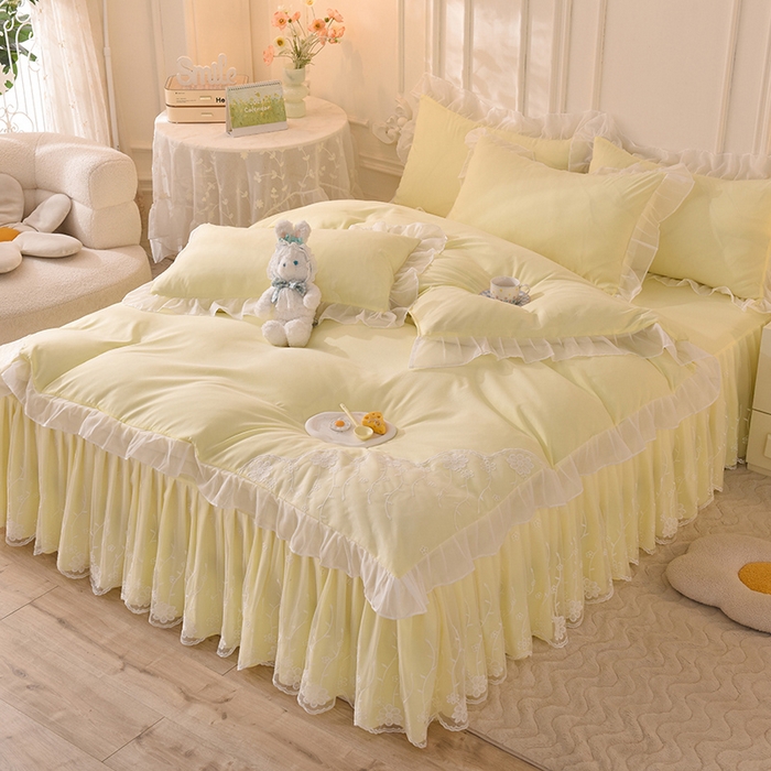 91家纺网 家纺一手货源 找家纺 后庭寝室 2025新款亲肤雪纺花边刺绣蕾丝公主四件套-花香系列 花香-浅果绿