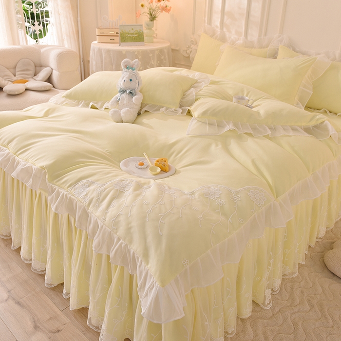 91家纺网 家纺一手货源 找家纺 后庭寝室 2025新款亲肤雪纺花边刺绣蕾丝公主四件套-花香系列 花香-浅果绿