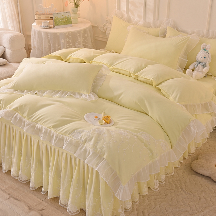 91家纺网 家纺一手货源 找家纺 后庭寝室 2025新款亲肤雪纺花边刺绣蕾丝公主四件套-花香系列 花香-浅果绿