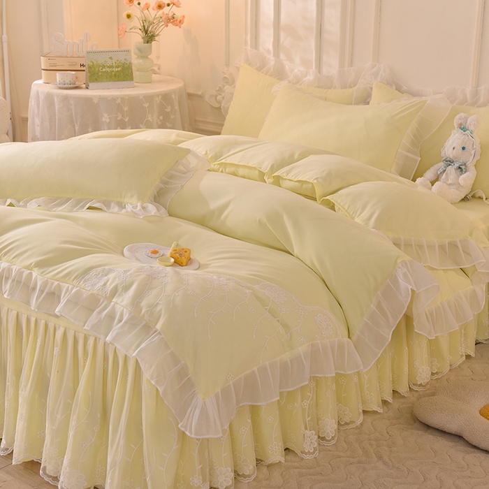 91家纺网 家纺一手货源 找家纺 后庭寝室 2025新款亲肤雪纺花边刺绣蕾丝公主四件套-花香系列 花香-浅果绿