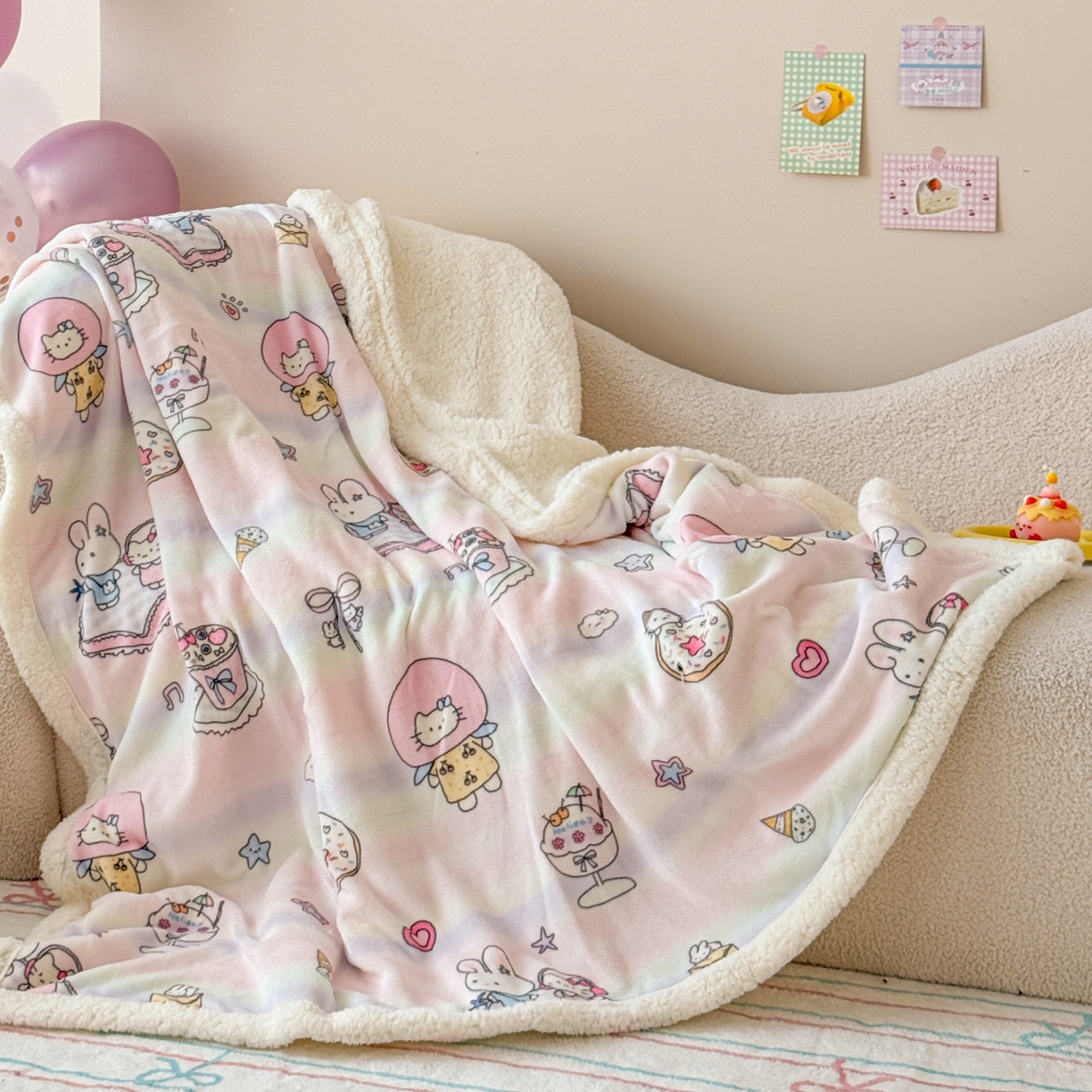 沐慕 2025新款牛奶绒拼羊羔绒毛毯盖毯毯子 毛毯-彩虹伙伴