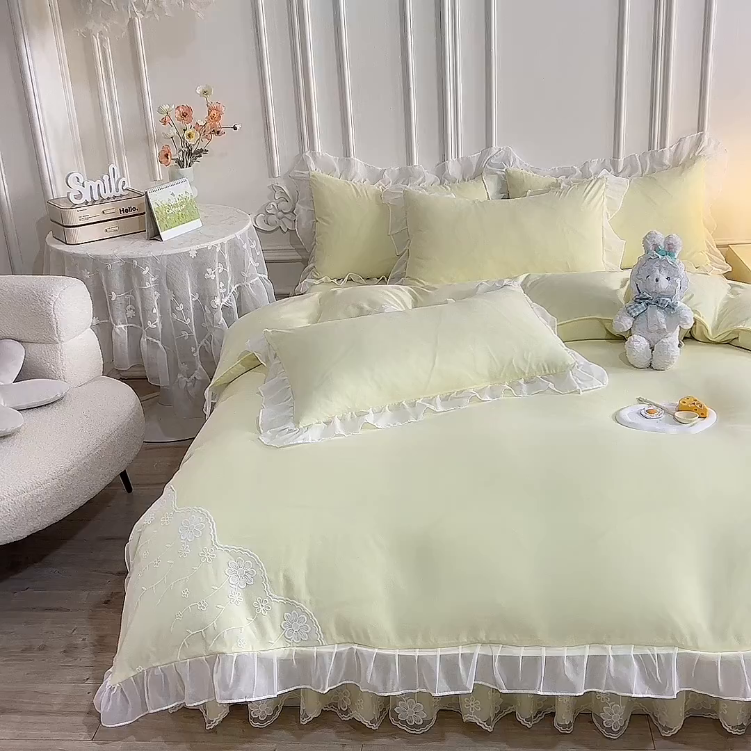 91家纺网 家纺一手货源 找家纺 后庭寝室 2025新款亲肤雪纺花边刺绣蕾丝公主四件套-花香系列 花香-浅果绿