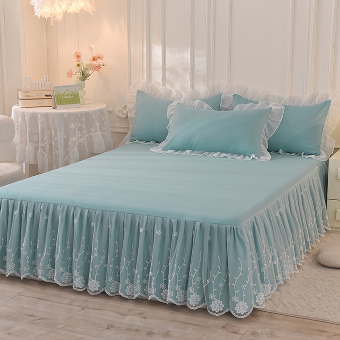 91家纺网 家纺一手货源 找家纺 后庭寝室 2025新款亲肤雪纺花边刺绣蕾丝公主四件套-花香系列 花香-青绿