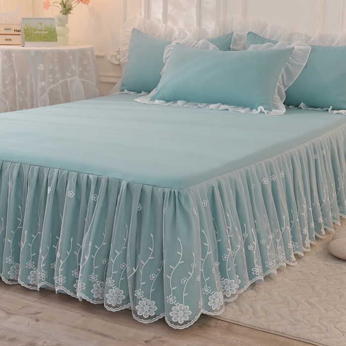 91家纺网 家纺一手货源 找家纺 后庭寝室 2025新款亲肤雪纺花边刺绣蕾丝公主四件套-花香系列 花香-青绿