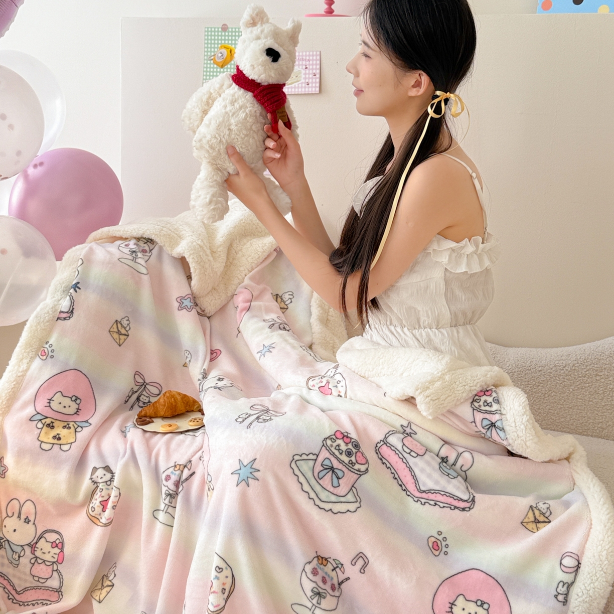 91家纺网 家纺一手货源 找家纺 沐慕 2025新款牛奶绒拼羊羔绒毛毯盖毯毯子 毛毯-彩虹伙伴