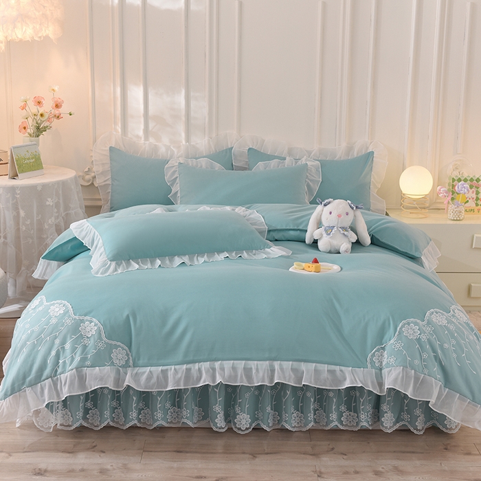 91家纺网 家纺一手货源 找家纺 后庭寝室 2025新款亲肤雪纺花边刺绣蕾丝公主四件套-花香系列 花香-青绿