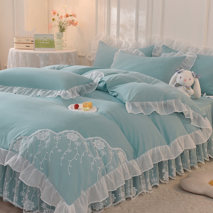 91家纺网 家纺一手货源 找家纺 后庭寝室 2025新款亲肤雪纺花边刺绣蕾丝公主四件套-花香系列 花香-青绿