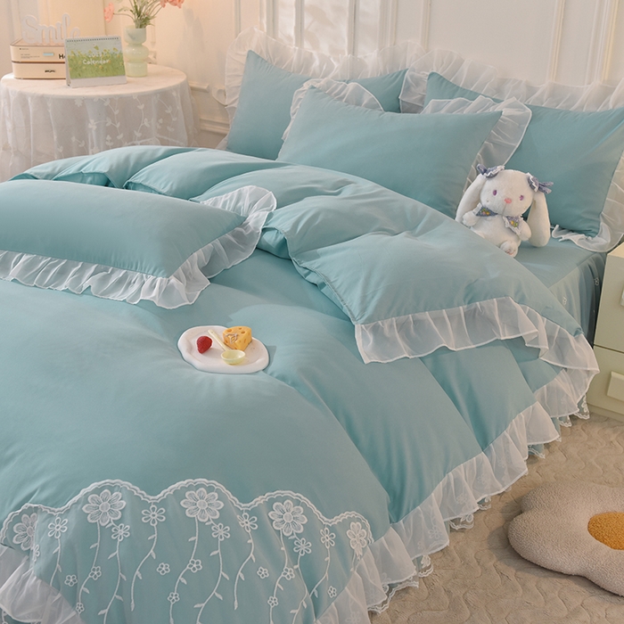 91家纺网 家纺一手货源 找家纺 后庭寝室 2025新款亲肤雪纺花边刺绣蕾丝公主四件套-花香系列 花香-青绿