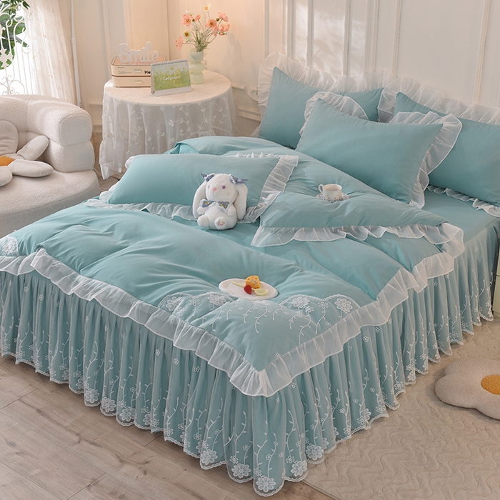 91家纺网 家纺一手货源 找家纺 后庭寝室 2025新款亲肤雪纺花边刺绣蕾丝公主四件套-花香系列 花香-青绿