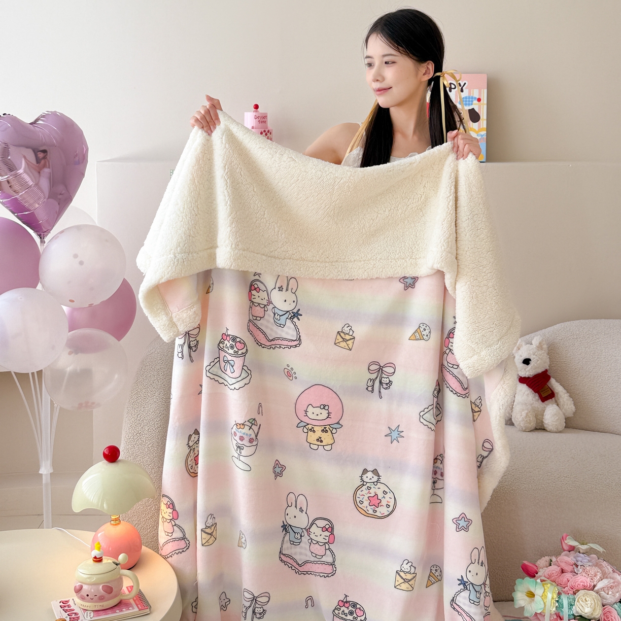 91家纺网 家纺一手货源 找家纺 沐慕 2025新款牛奶绒拼羊羔绒毛毯盖毯毯子 毛毯-彩虹伙伴