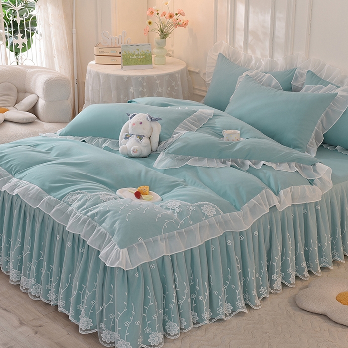 91家纺网 家纺一手货源 找家纺 后庭寝室 2025新款亲肤雪纺花边刺绣蕾丝公主四件套-花香系列 花香-青绿