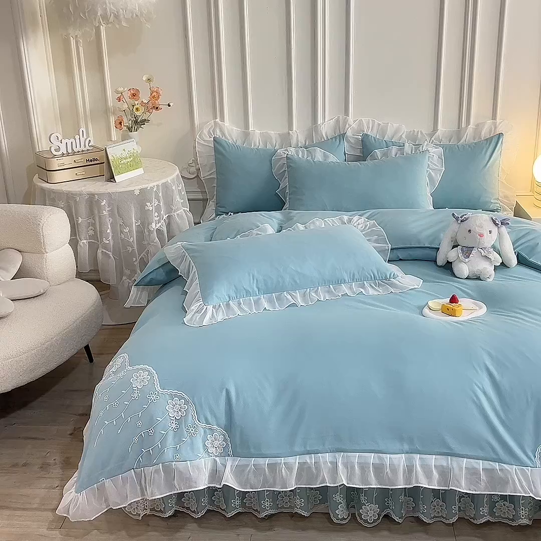 91家纺网 家纺一手货源 找家纺 后庭寝室 2025新款亲肤雪纺花边刺绣蕾丝公主四件套-花香系列 花香-青绿