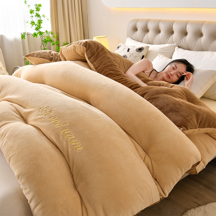 91家纺网 家纺一手货源 找家纺 金多美家纺 2025新款双面牛奶绒刺绣冬被被子被芯 高级咖