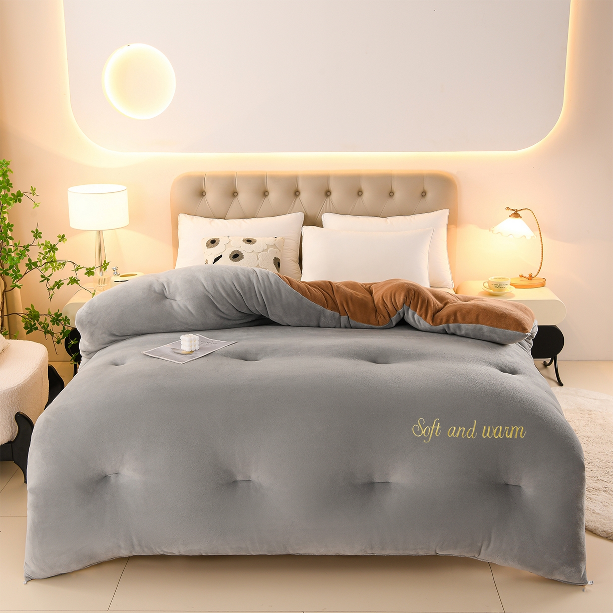 91家纺网 家纺一手货源 找家纺 金多美家纺 2025新款双面牛奶绒刺绣冬被被子被芯 极简灰咖