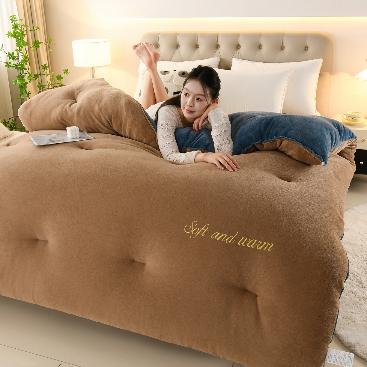 91家纺网 家纺一手货源 找家纺 金多美家纺 2025新款双面牛奶绒刺绣冬被被子被芯 奢华拿铁