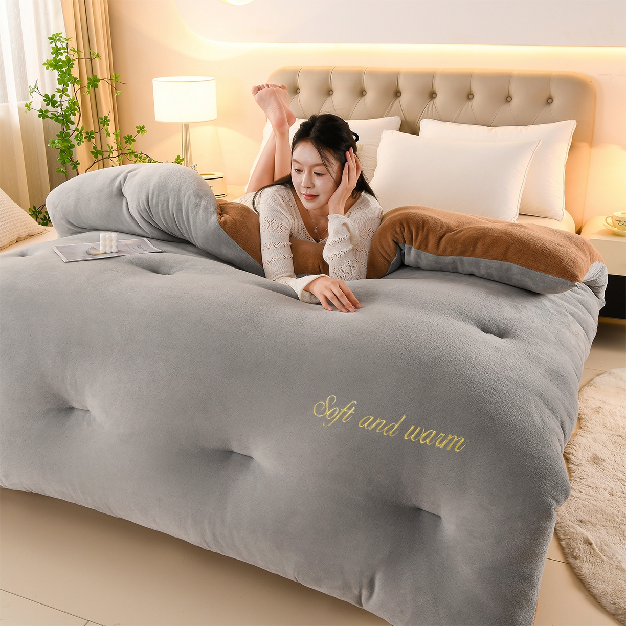 91家纺网 家纺一手货源 找家纺 金多美家纺 2025新款双面牛奶绒刺绣冬被被子被芯 极简灰咖