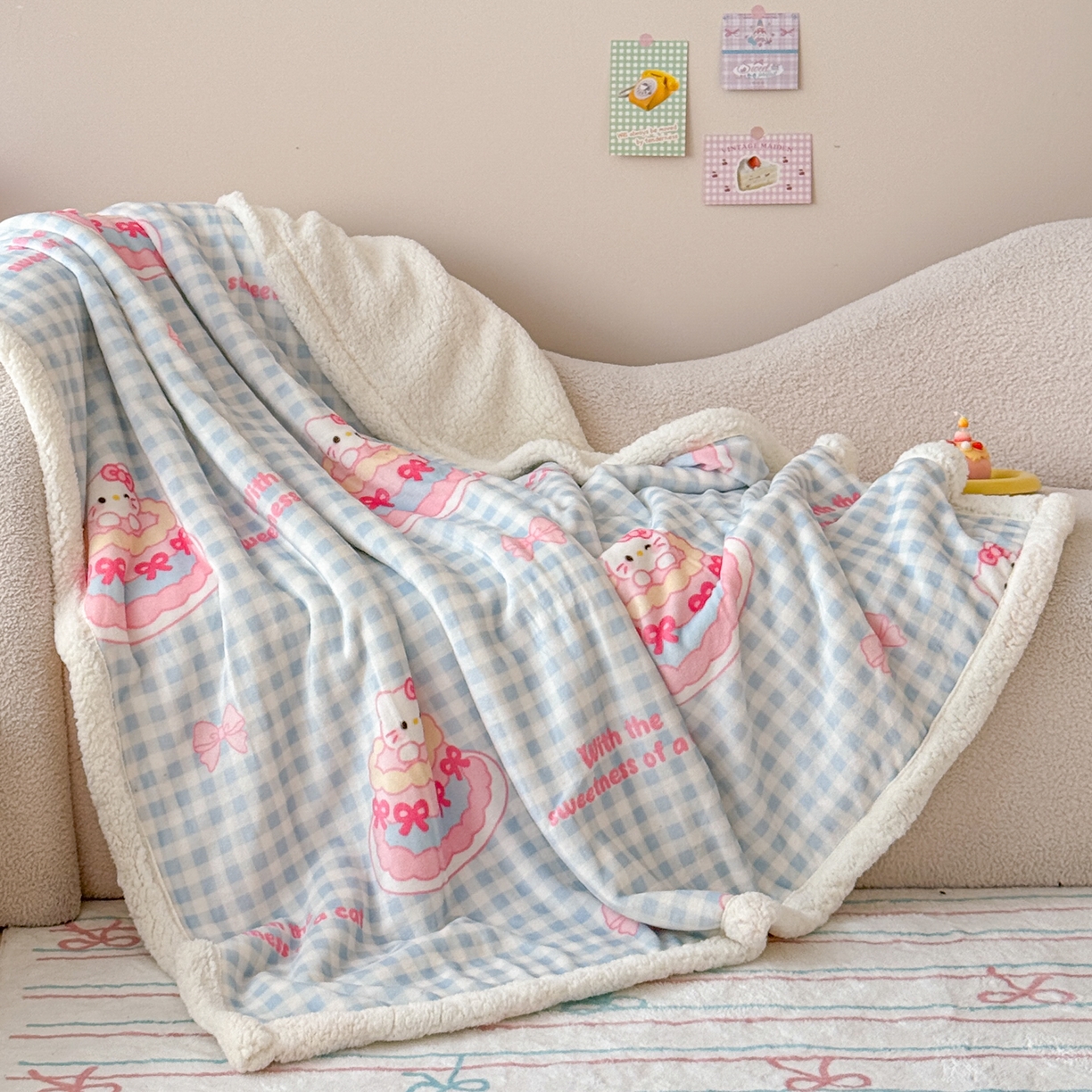 沐慕 2025新款牛奶绒拼羊羔绒毛毯盖毯毯子 毛毯-蛋糕猫咪