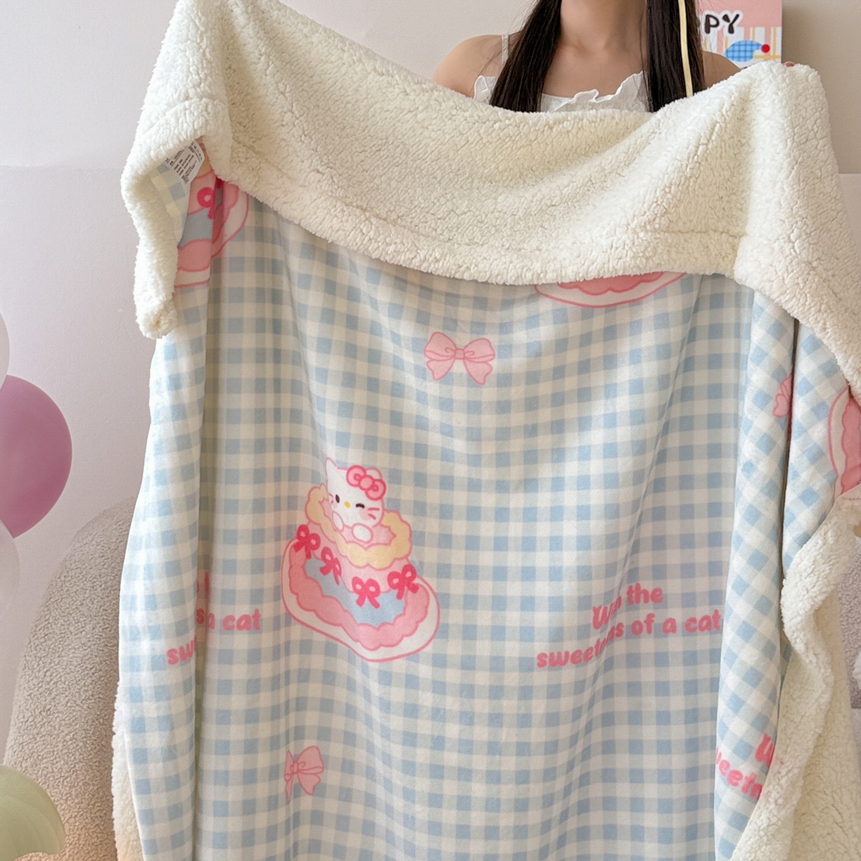 91家纺网 家纺一手货源 找家纺 沐慕 2025新款牛奶绒拼羊羔绒毛毯盖毯毯子 毛毯-蛋糕猫咪