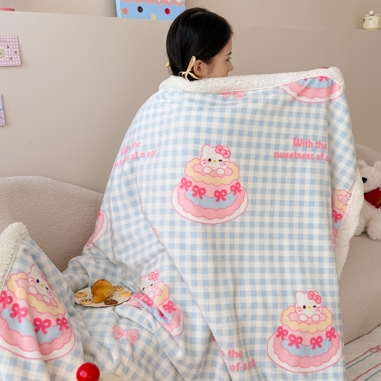 91家纺网 家纺一手货源 找家纺 沐慕 2025新款牛奶绒拼羊羔绒毛毯盖毯毯子 毛毯-蛋糕猫咪