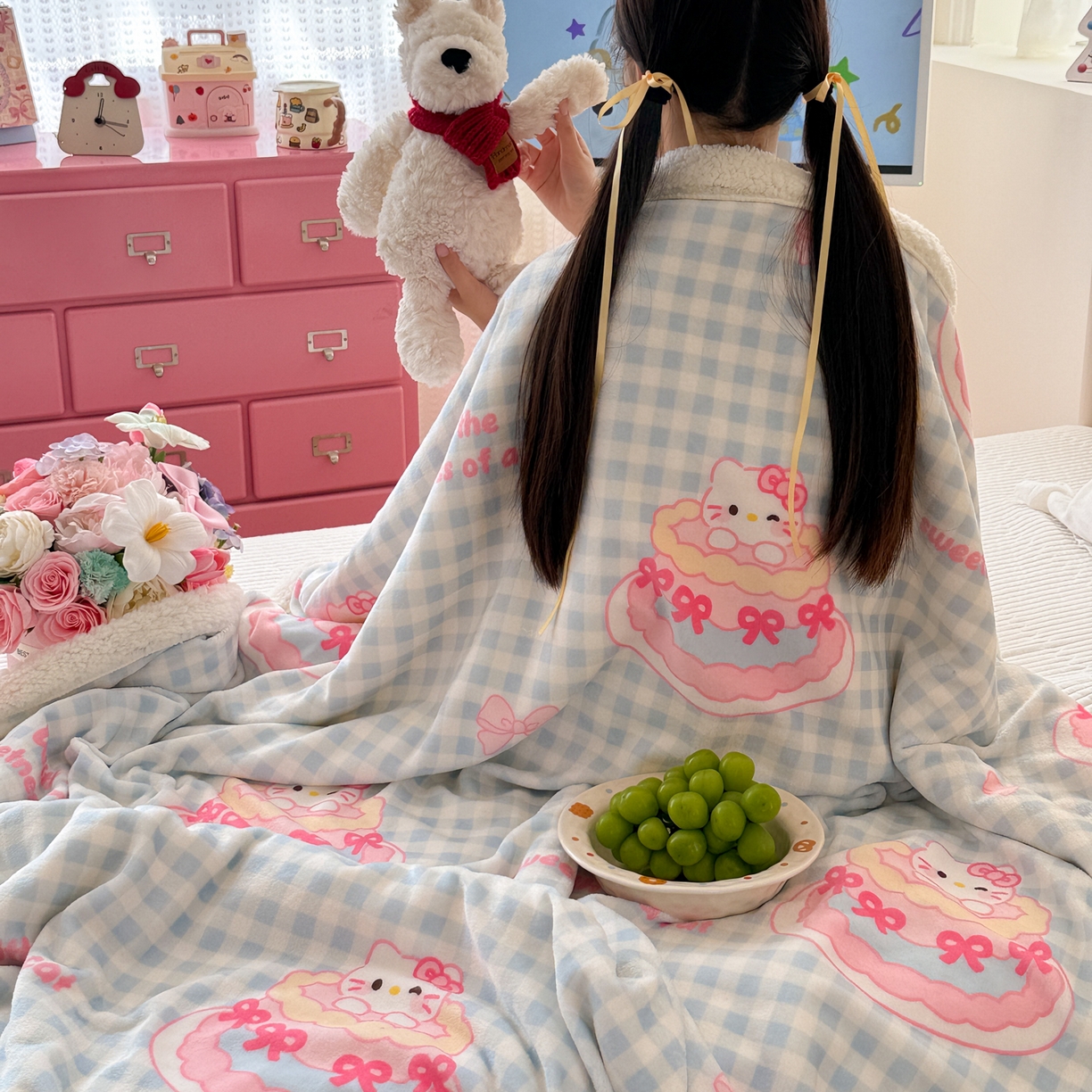 91家纺网 家纺一手货源 找家纺 沐慕 2025新款牛奶绒拼羊羔绒毛毯盖毯毯子 毛毯-蛋糕猫咪