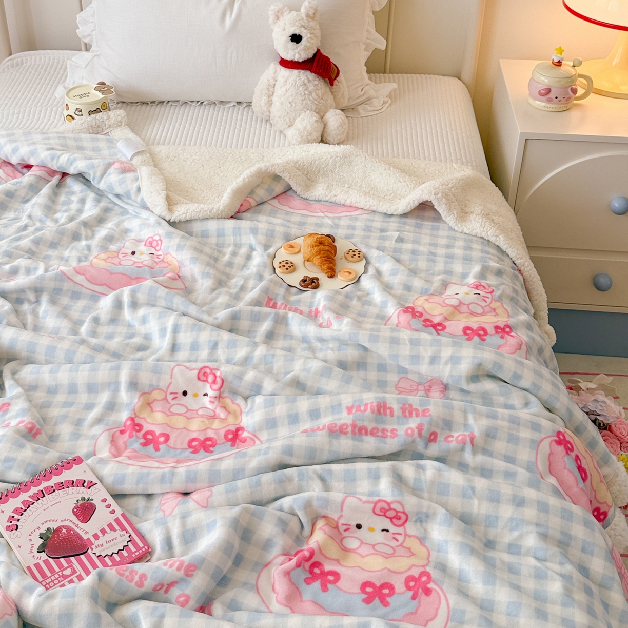 91家纺网 家纺一手货源 找家纺 沐慕 2025新款牛奶绒拼羊羔绒毛毯盖毯毯子 毛毯-蛋糕猫咪