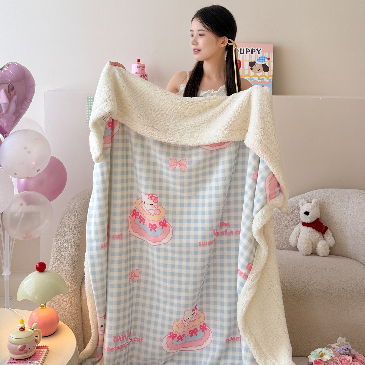 91家纺网 家纺一手货源 找家纺 沐慕 2025新款牛奶绒拼羊羔绒毛毯盖毯毯子 毛毯-蛋糕猫咪