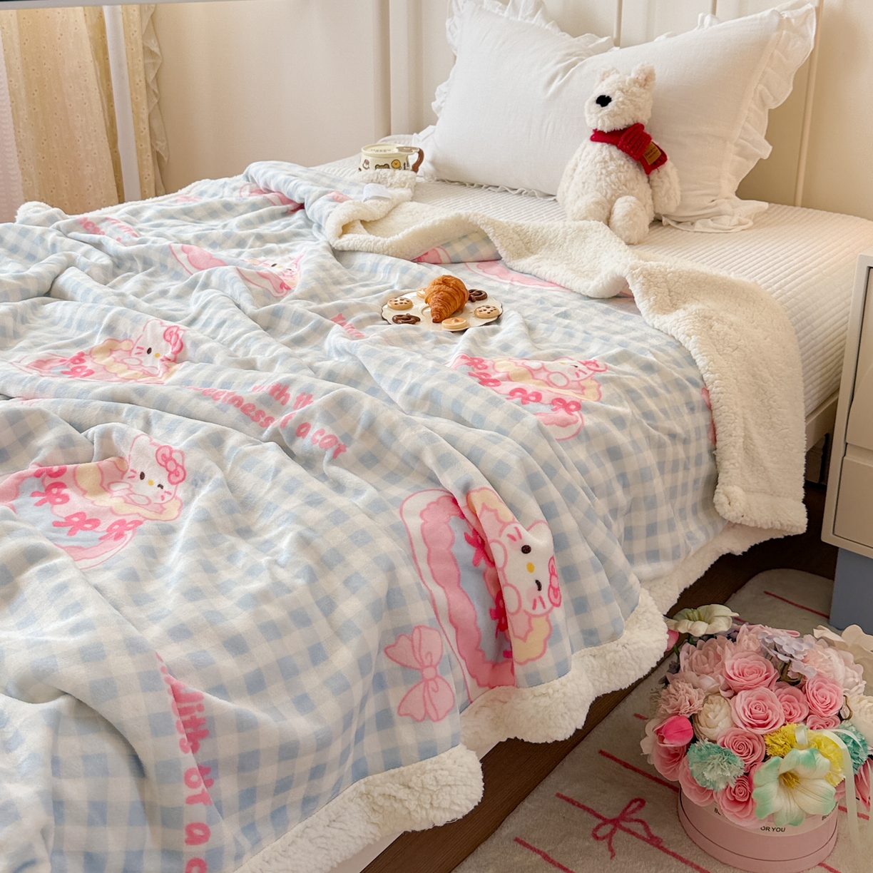 91家纺网 家纺一手货源 找家纺 沐慕 2025新款牛奶绒拼羊羔绒毛毯盖毯毯子 毛毯-蛋糕猫咪