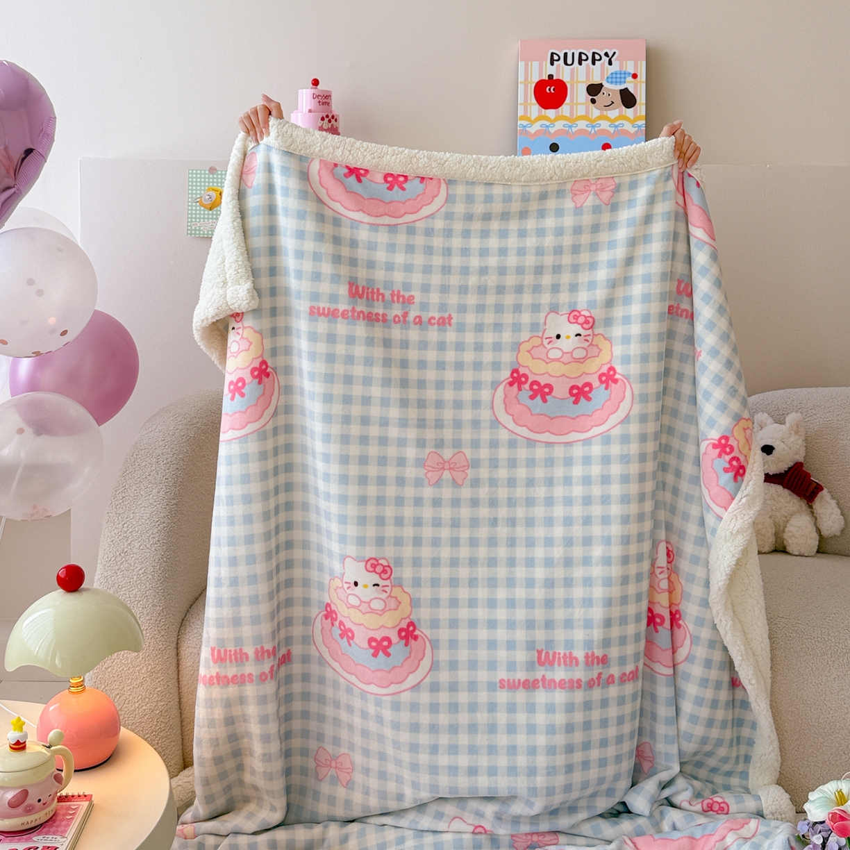 91家纺网 家纺一手货源 找家纺 沐慕 2025新款牛奶绒拼羊羔绒毛毯盖毯毯子 毛毯-蛋糕猫咪