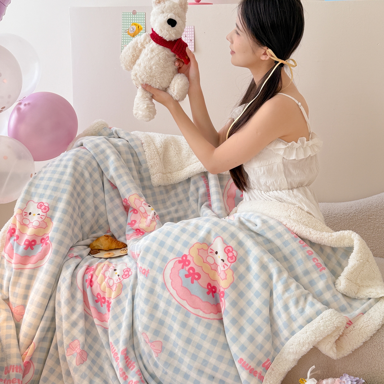 91家纺网 家纺一手货源 找家纺 沐慕 2025新款牛奶绒拼羊羔绒毛毯盖毯毯子 毛毯-蛋糕猫咪