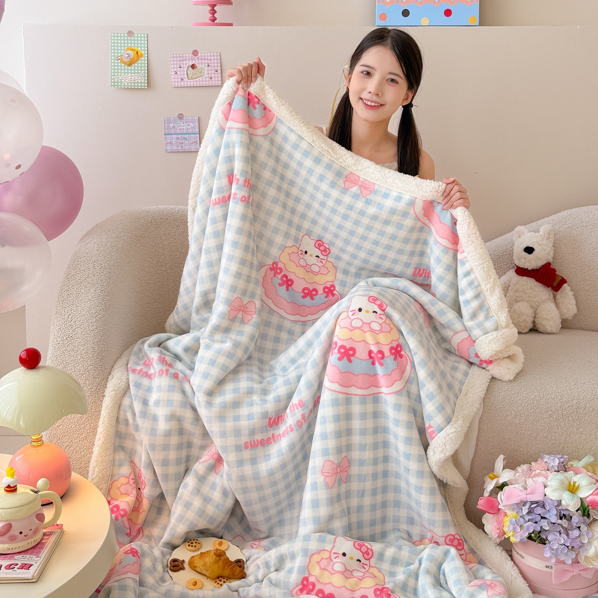 91家纺网 家纺一手货源 找家纺 沐慕 2025新款牛奶绒拼羊羔绒毛毯盖毯毯子 毛毯-蛋糕猫咪