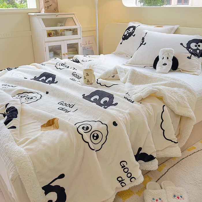 91家纺网 家纺一手货源 找家纺 沐慕 2025新款牛奶绒拼羊羔绒毛毯盖毯毯子 毛毯-黑球球