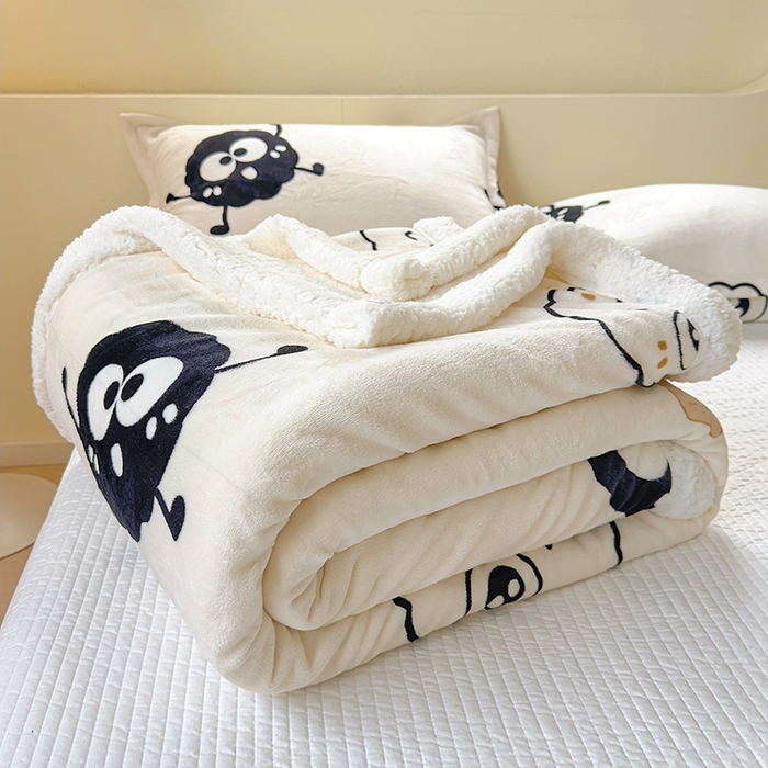 91家纺网 家纺一手货源 找家纺 沐慕 2025新款牛奶绒拼羊羔绒毛毯盖毯毯子 毛毯-黑球球