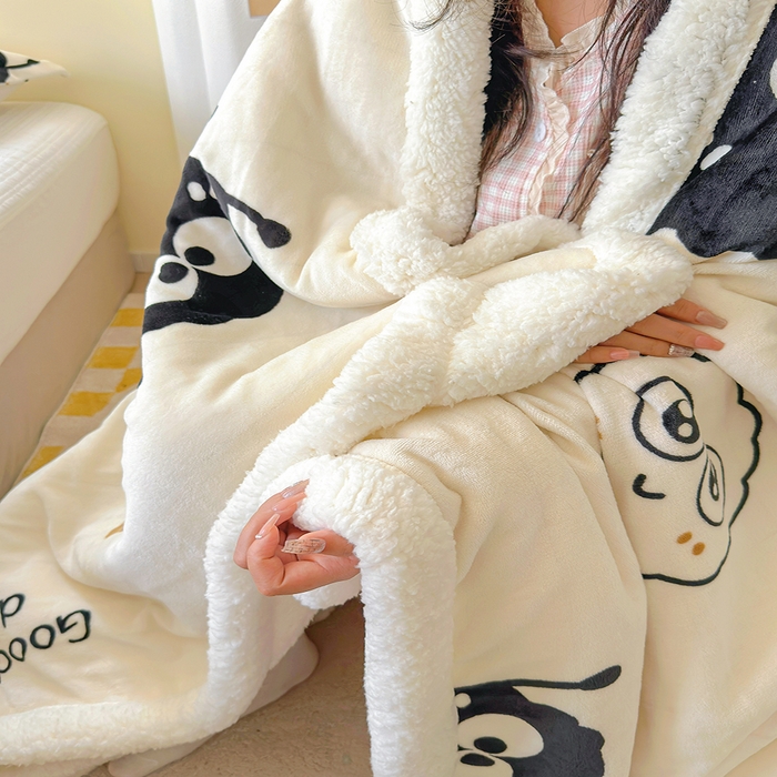 91家纺网 家纺一手货源 找家纺 沐慕 2025新款牛奶绒拼羊羔绒毛毯盖毯毯子 毛毯-黑球球