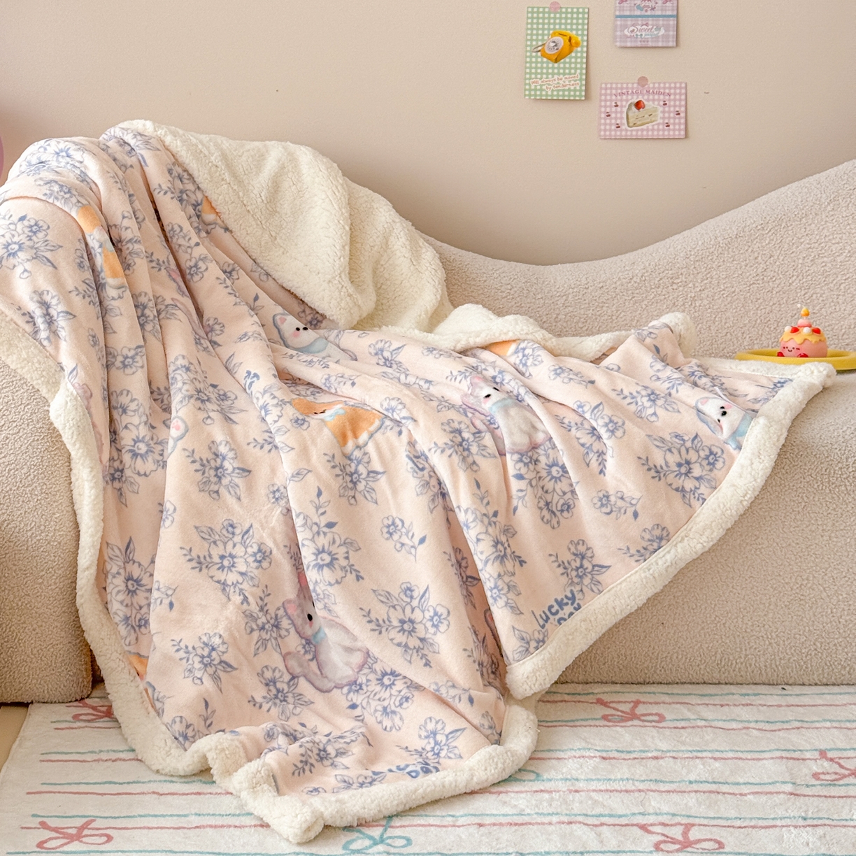 沐慕 2025新款牛奶绒拼羊羔绒毛毯盖毯毯子 毛毯-花丛中