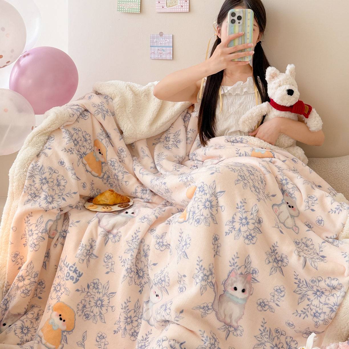 91家纺网 家纺一手货源 找家纺 沐慕 2025新款牛奶绒拼羊羔绒毛毯盖毯毯子 毛毯-花丛中