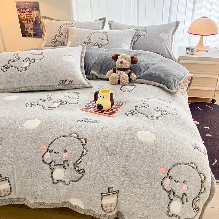 91家纺网 家纺一手货源 找家纺 倾慕  2026新款6D立体雪花绒系列四件套 奶茶小龙灰