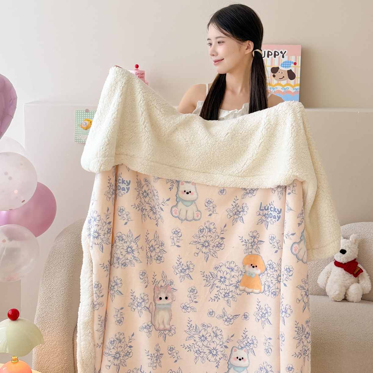 91家纺网 家纺一手货源 找家纺 沐慕 2025新款牛奶绒拼羊羔绒毛毯盖毯毯子 毛毯-花丛中