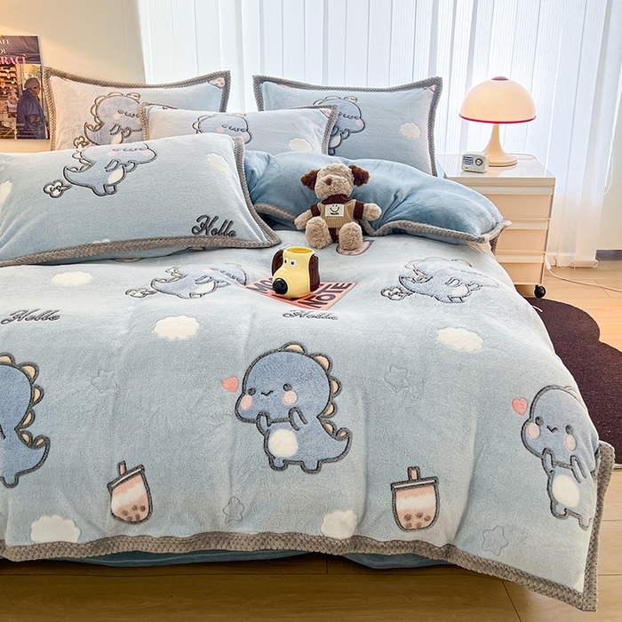 91家纺网 家纺一手货源 找家纺 倾慕  2026新款6D立体雪花绒系列四件套 奶茶小龙蓝