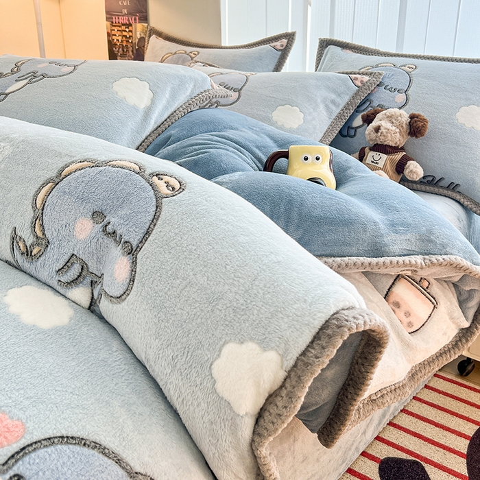 倾慕  2026新款6D立体雪花绒系列四件套 奶茶小龙蓝