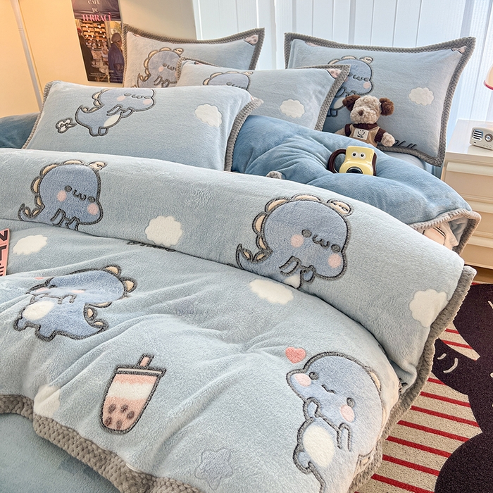 91家纺网 家纺一手货源 找家纺 倾慕  2026新款6D立体雪花绒系列四件套 奶茶小龙蓝