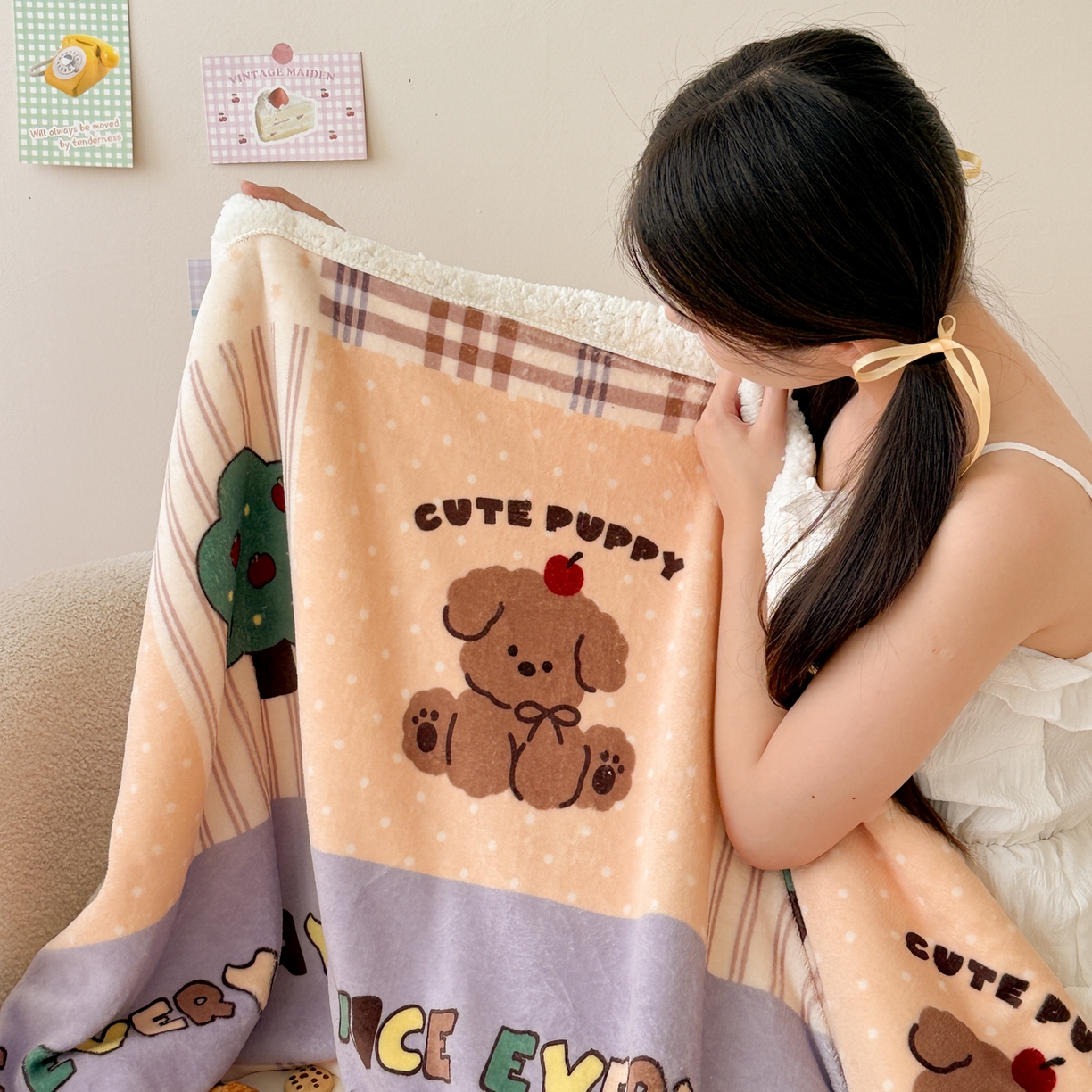 91家纺网 家纺一手货源 找家纺 沐慕 2025新款牛奶绒拼羊羔绒毛毯盖毯毯子 毛毯-卡其块块狗