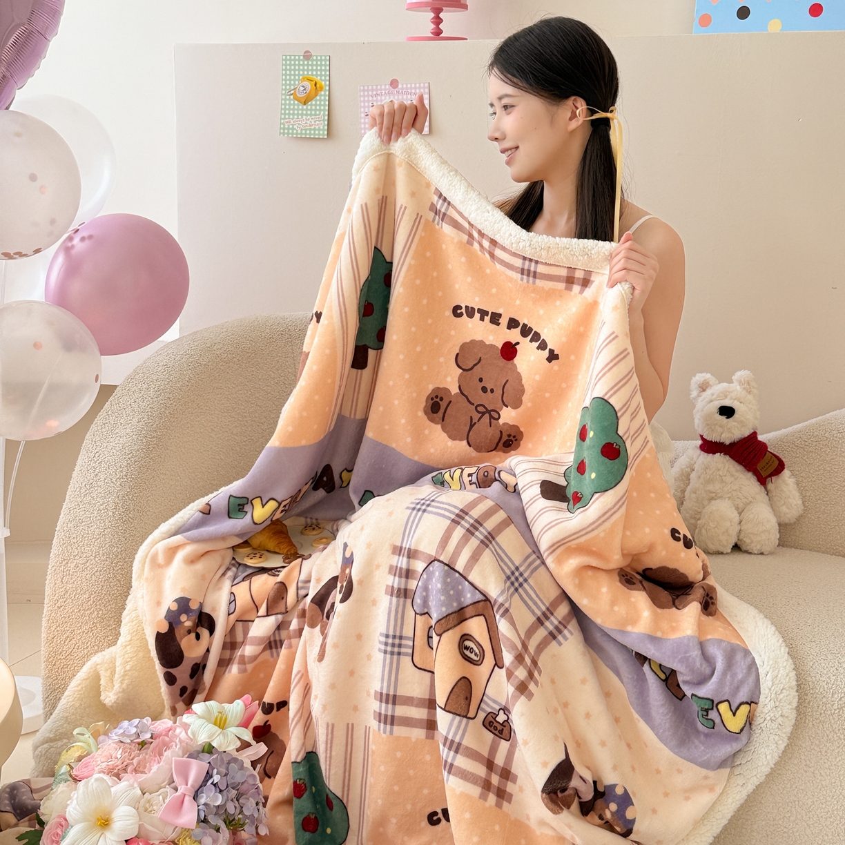 91家纺网 家纺一手货源 找家纺 沐慕 2025新款牛奶绒拼羊羔绒毛毯盖毯毯子 毛毯-卡其块块狗