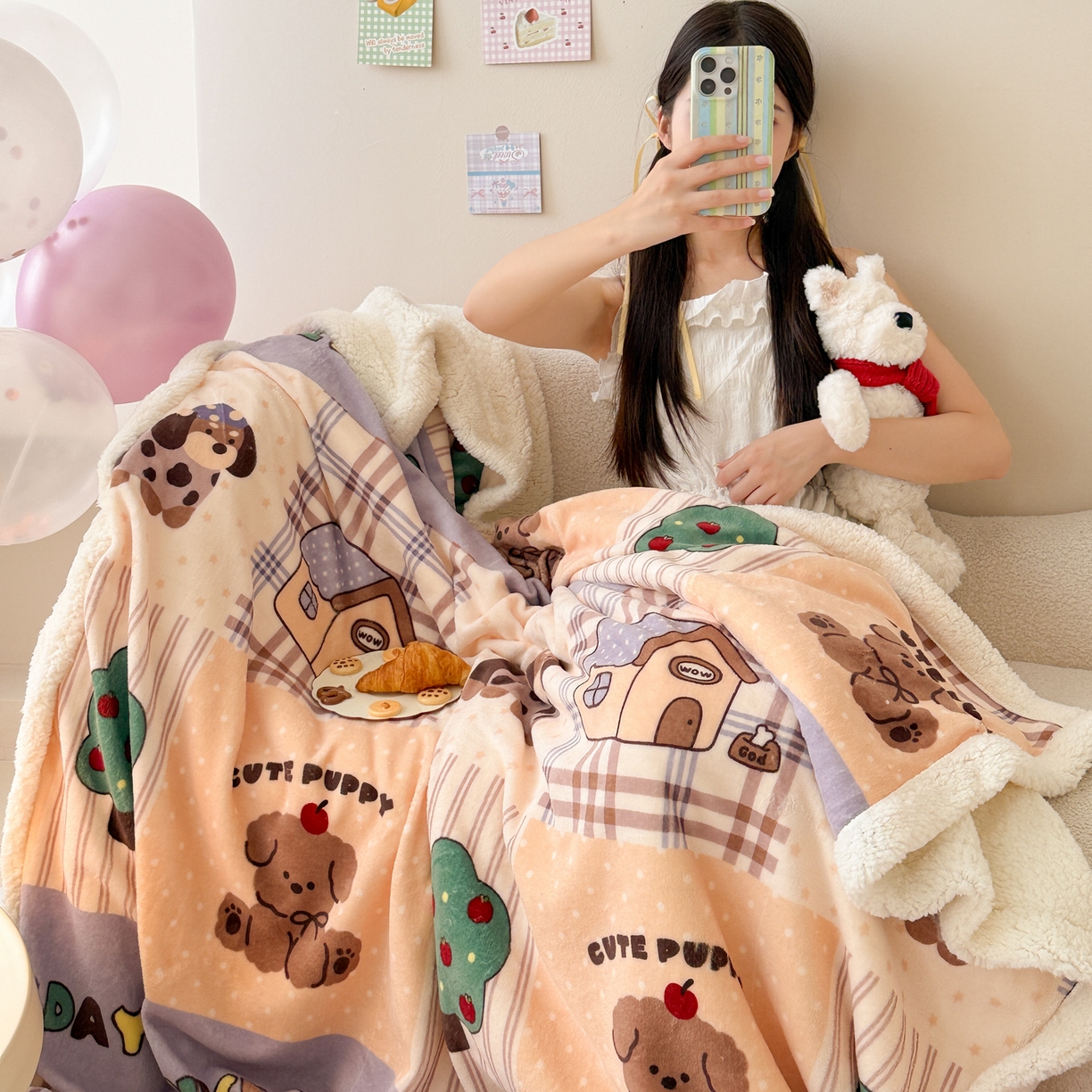 91家纺网 家纺一手货源 找家纺 沐慕 2025新款牛奶绒拼羊羔绒毛毯盖毯毯子 毛毯-卡其块块狗