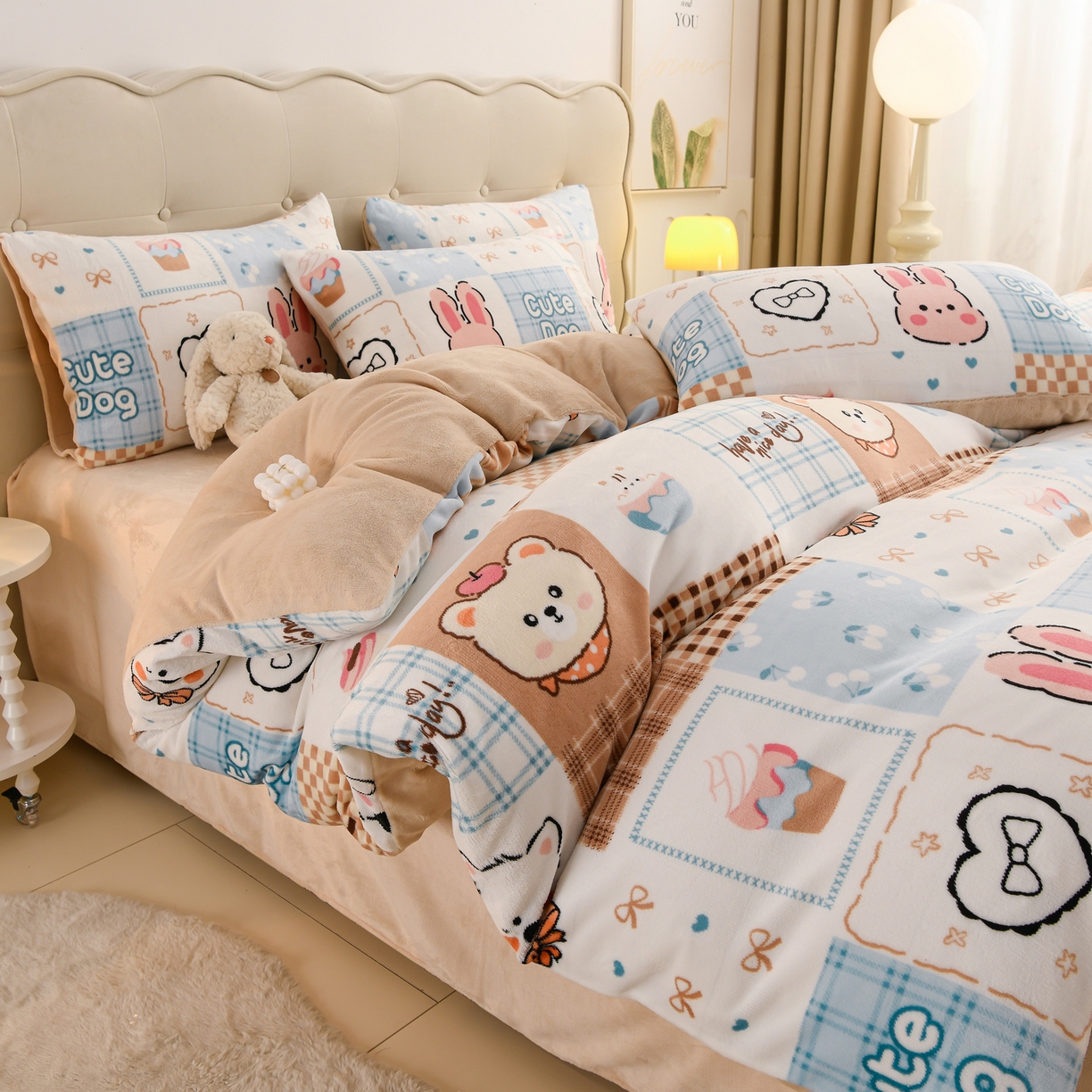 紫月轩家纺 2025新款A类牛奶绒小清新印花四件套 萌宠小窝