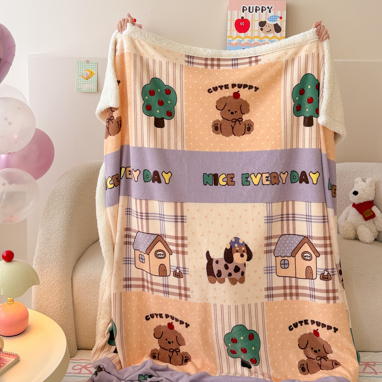 91家纺网 家纺一手货源 找家纺 沐慕 2025新款牛奶绒拼羊羔绒毛毯盖毯毯子 毛毯-卡其块块狗