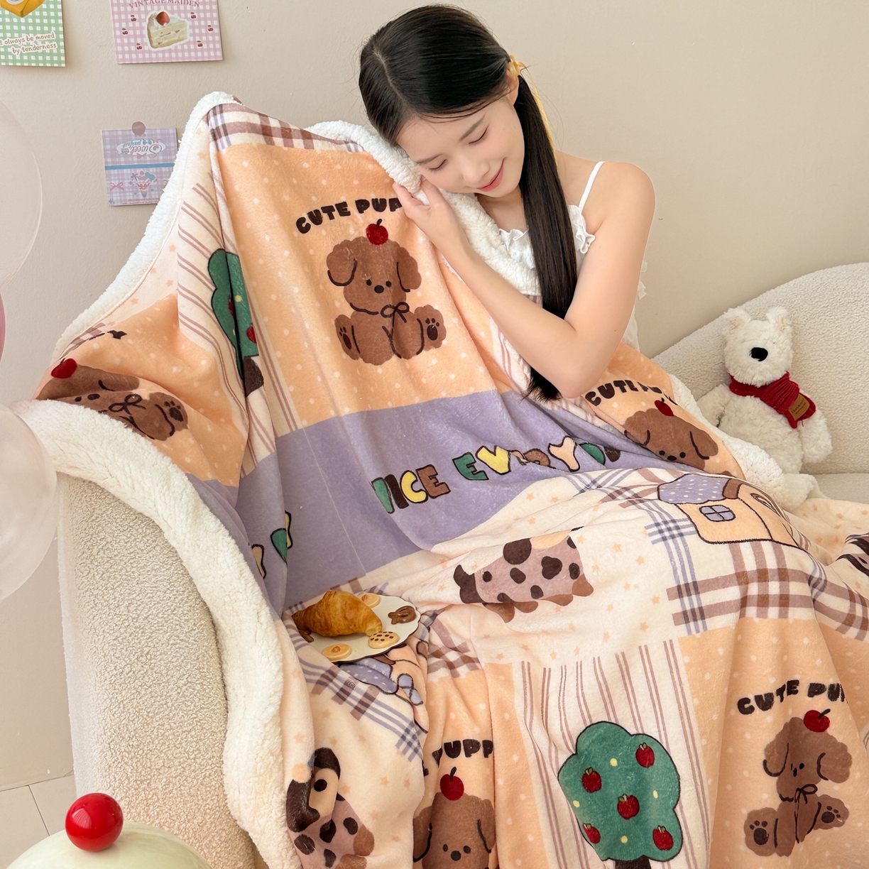 91家纺网 家纺一手货源 找家纺 沐慕 2025新款牛奶绒拼羊羔绒毛毯盖毯毯子 毛毯-卡其块块狗