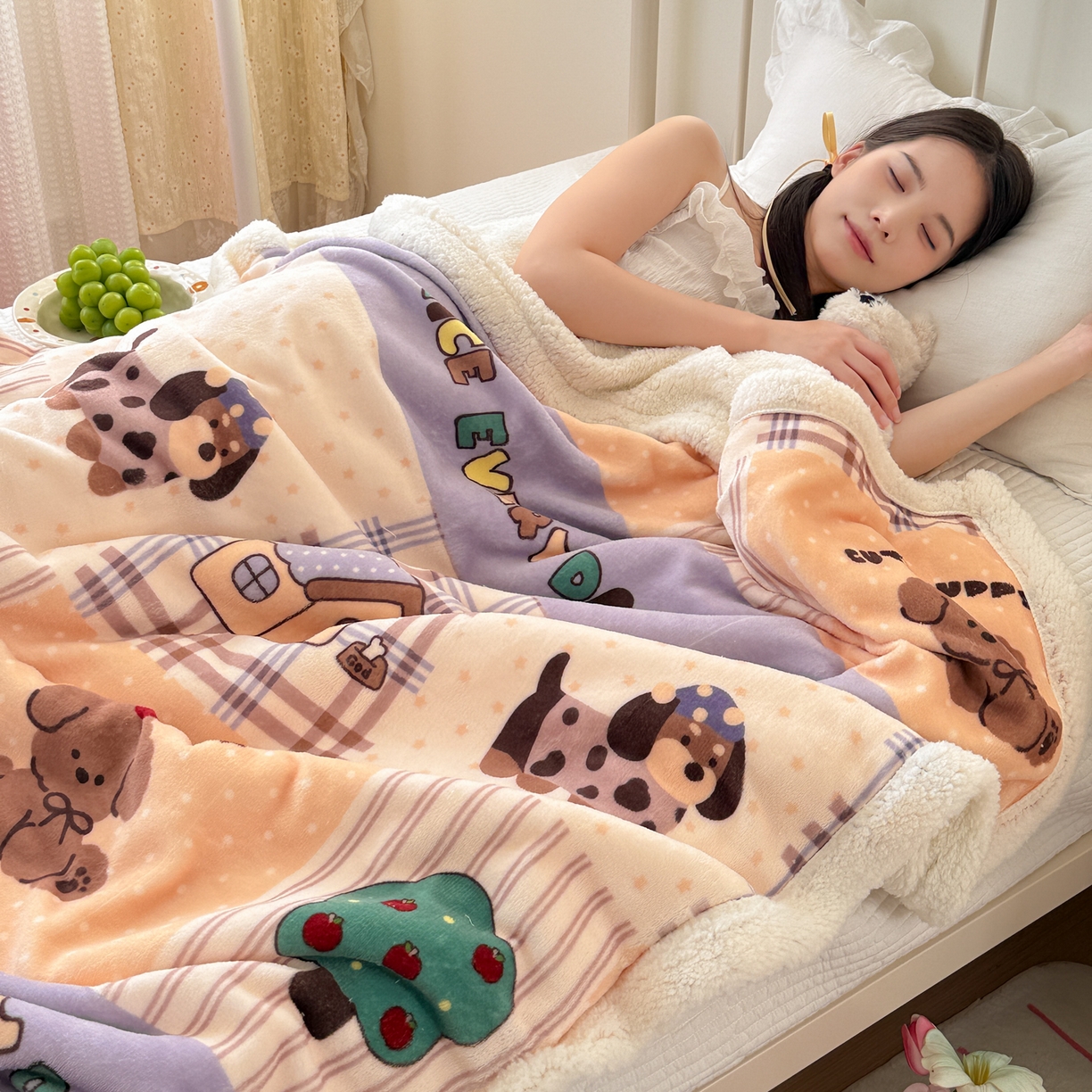 91家纺网 家纺一手货源 找家纺 沐慕 2025新款牛奶绒拼羊羔绒毛毯盖毯毯子 毛毯-卡其块块狗