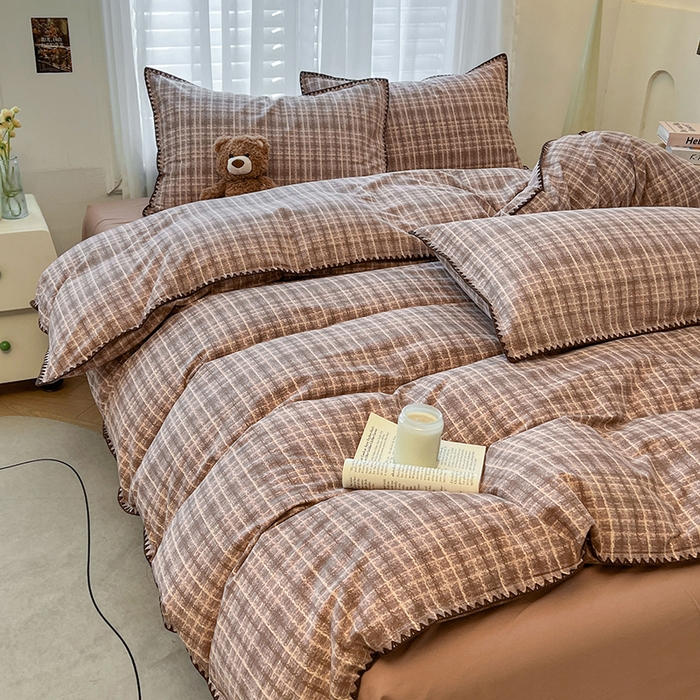 91家纺网 家纺一手货源 找家纺 莱茵家居 2025新款全棉磨毛贝壳边四件套 咖棕英伦